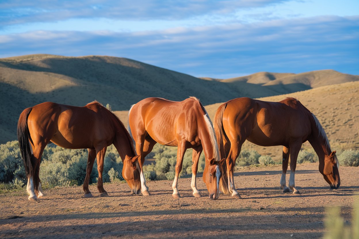 Horses grazing on dry, well-drained pasture in Eastern Oregon with sagebrush hills and blue sky in the background