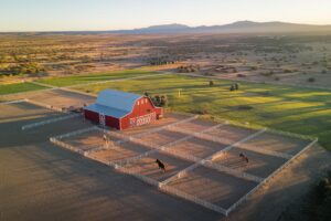 Aerial view of horse property with irrigated pastures and mountain views in Eastern Oregon
