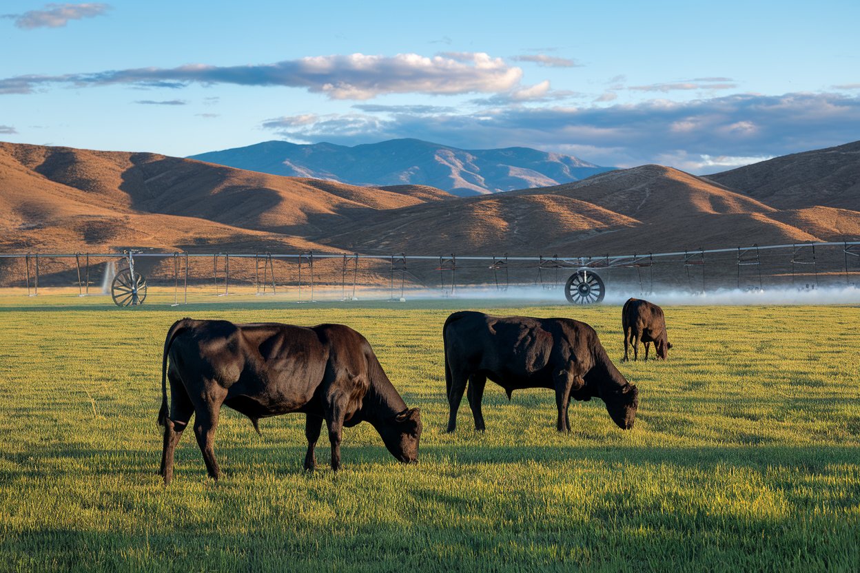 Cattle grazing irrigated pasture on Eastern Oregon ranch with irrigation equipment