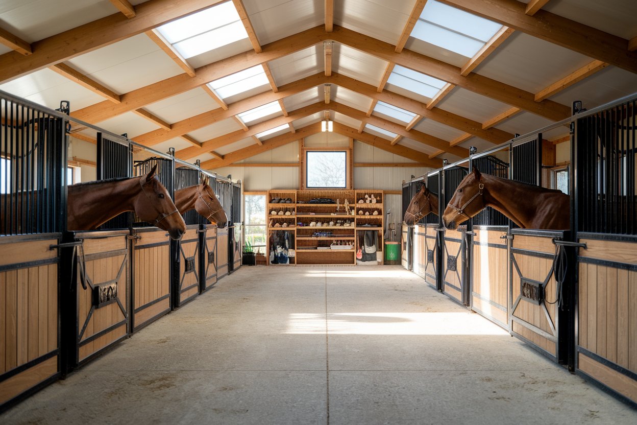 Clean horse barn interior with stalls ready for boarding operation