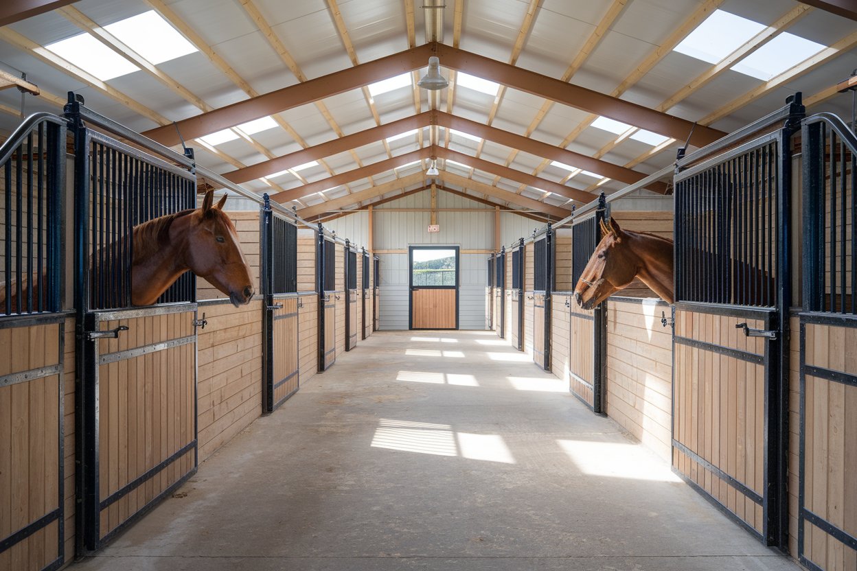 Interior of a well-ventilated horse barn showing clean stalls with proper lighting and a wide center aisle