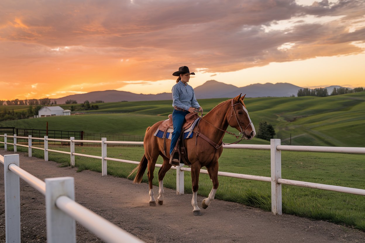Horseback riding at sunset on Idaho horse property