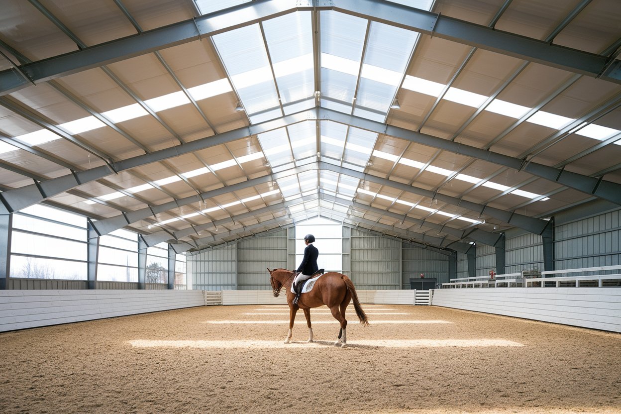 Indoor riding arena interior with natural lighting and quality footing