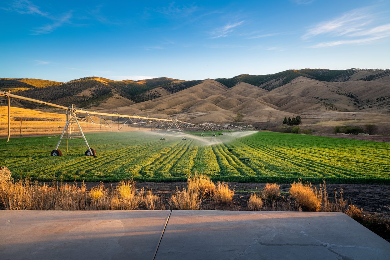 Center pivot irrigation system watering green alfalfa field with dry rangeland hills in the background in Eastern Oregon