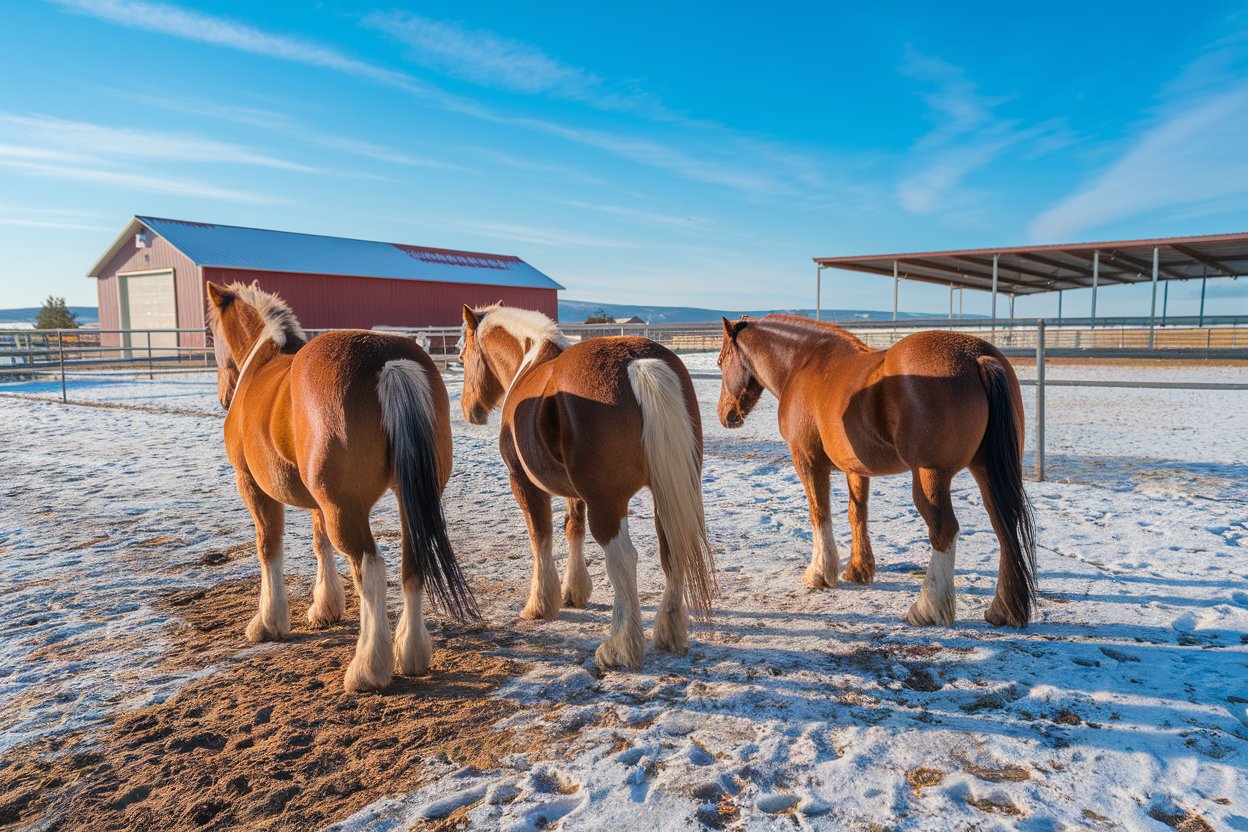 Horses in winter paddock under clear skies in Eastern Oregon