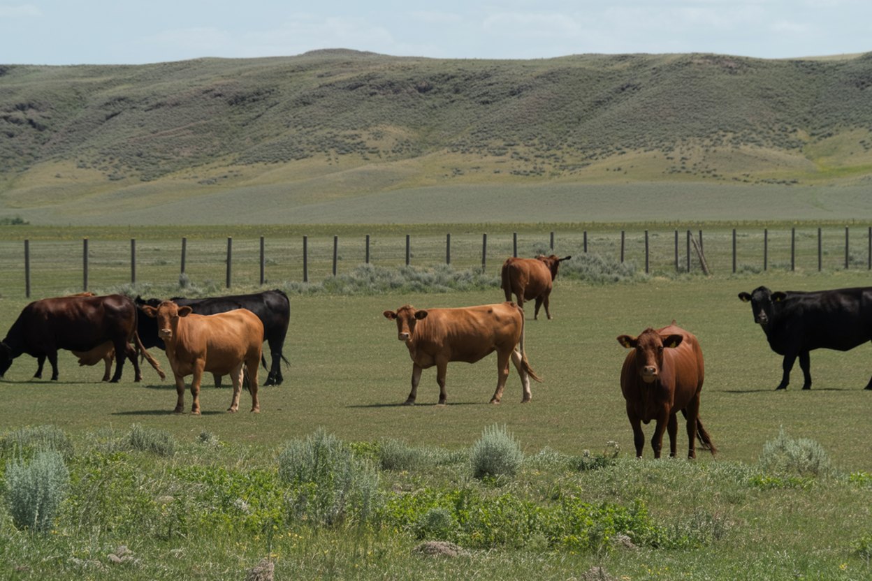 Angus cattle grazing on green Idaho ranch pasture beneath blue sky