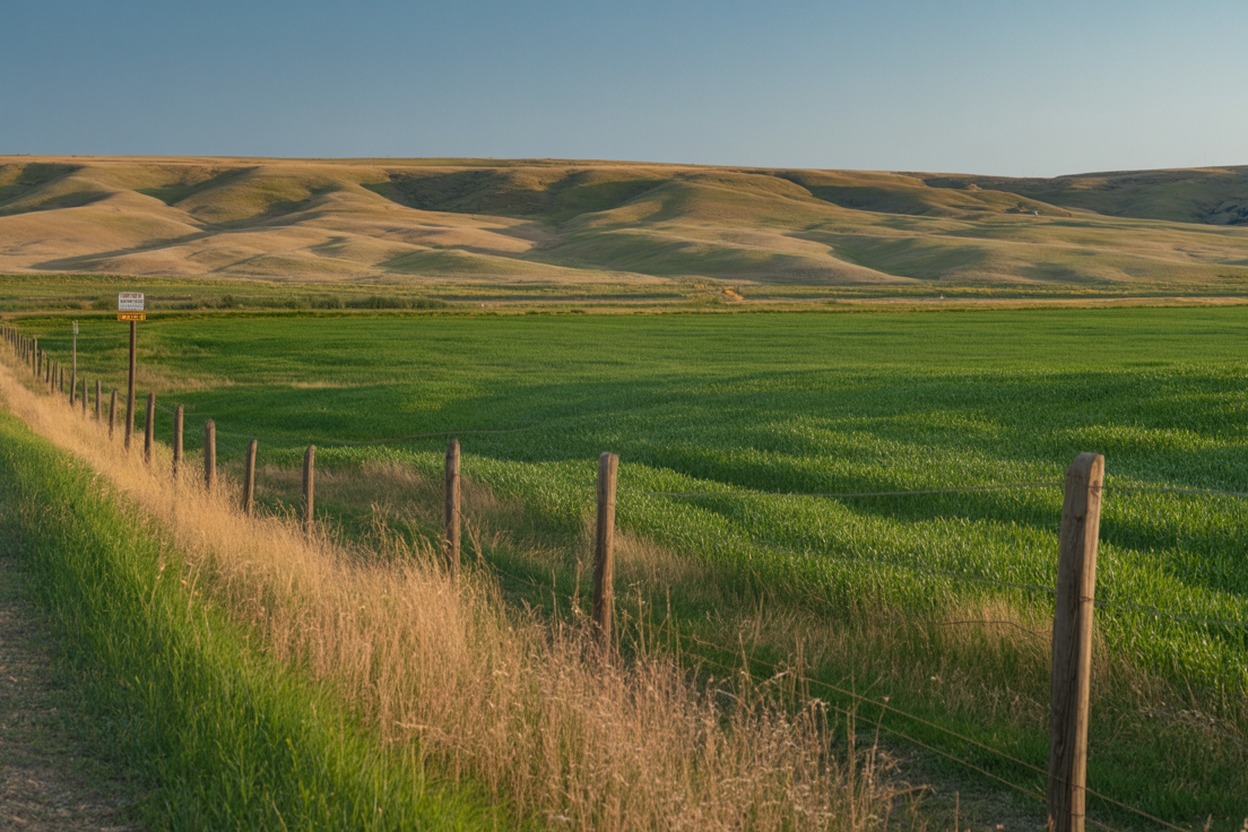 Irrigated agricultural farmland with fence posts and green crop fields in rural Payette County, Idaho