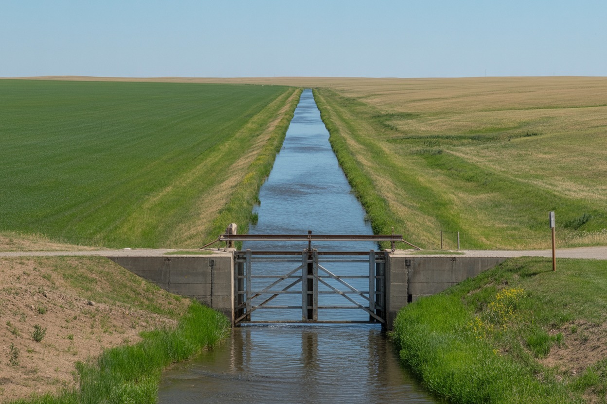Irrigation canal headgate delivering water to ranch pastures in southwest Idaho