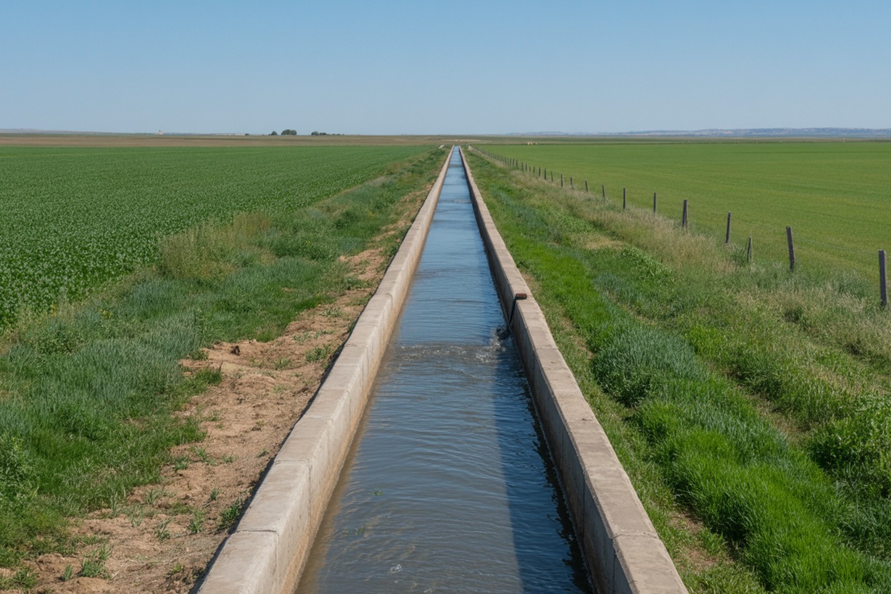 Irrigation canal delivering water through green agricultural farmland in the Treasure Valley