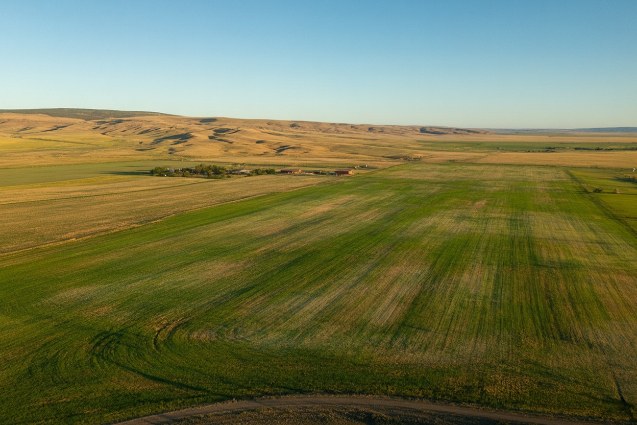 Irrigated ranch land in Malheur County, Eastern Oregon with green hay fields and high-desert hills
