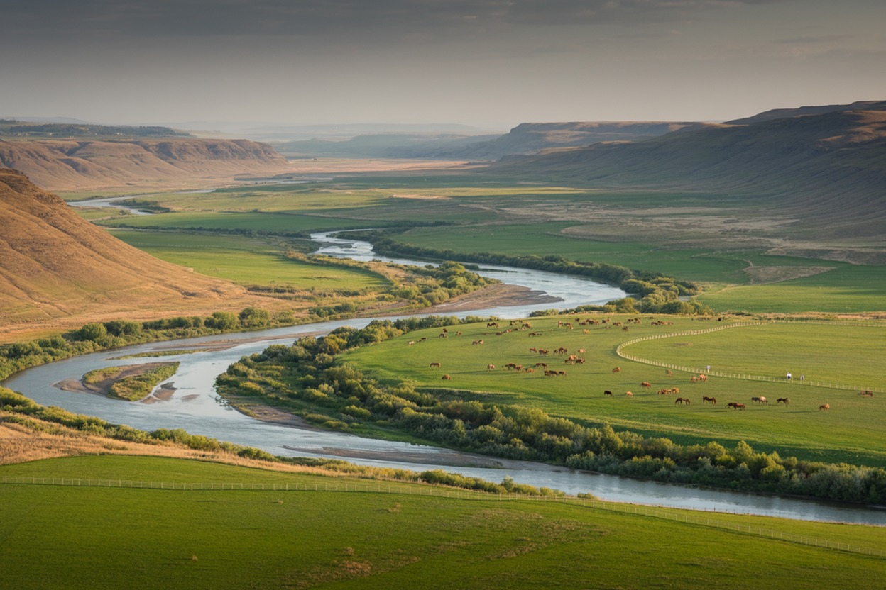 Snake River valley at the Idaho-Oregon border with irrigated horse pastures and fencing on both sides