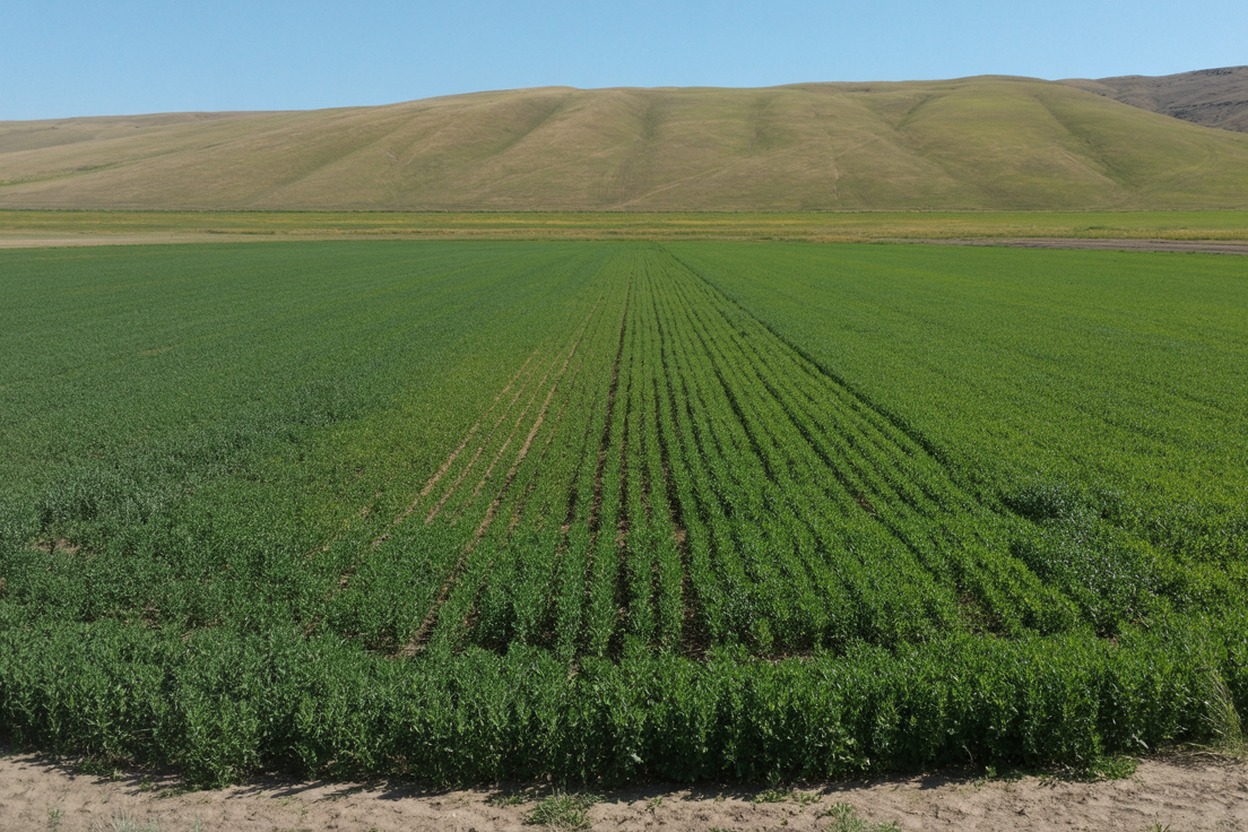 Irrigated alfalfa field in the Treasure Valley with green crops and dry hills in the background