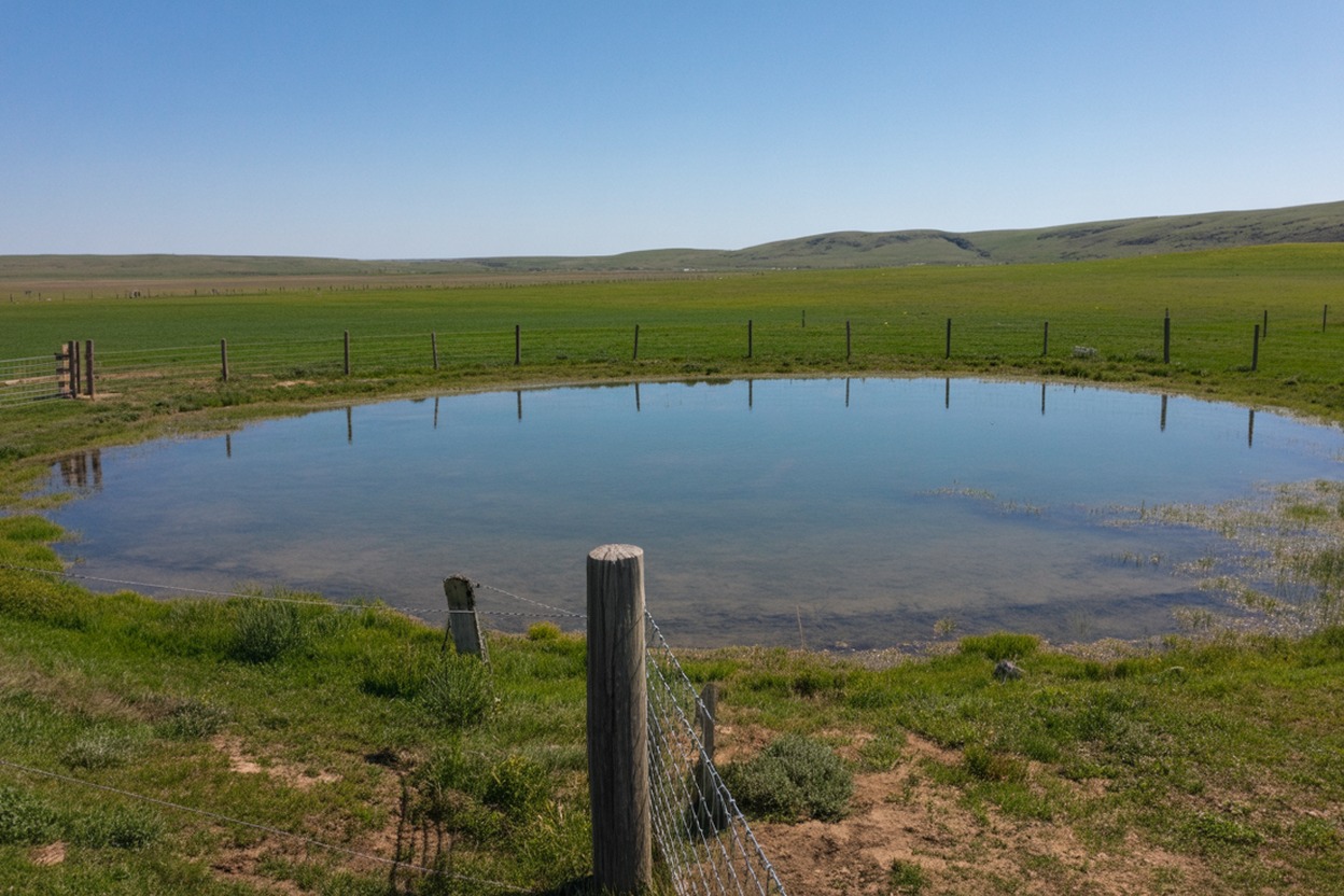 Stock water pond on ranch land in the Idaho-Oregon border region with green pasture