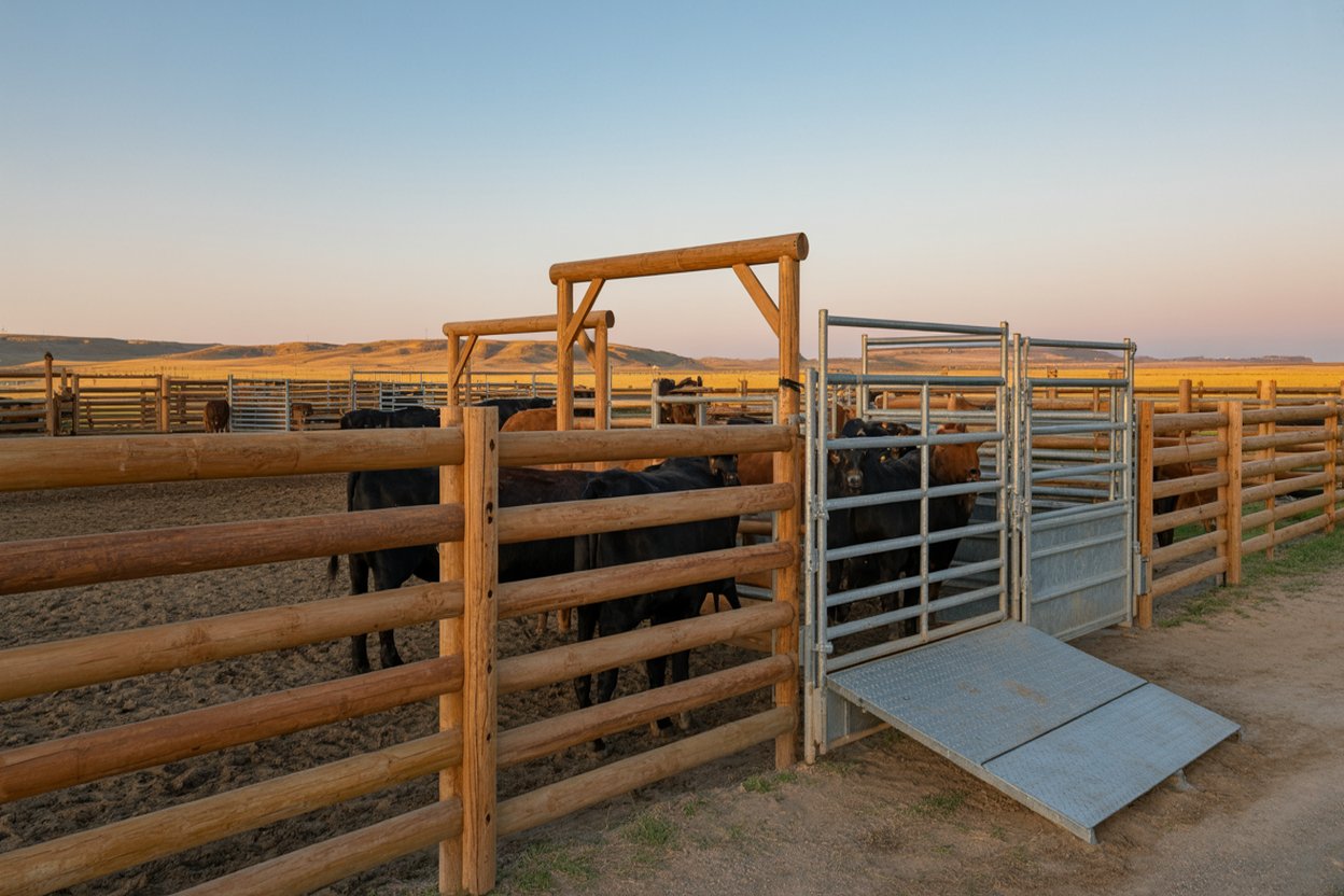 Well-built cattle corral with working chute, sorting pens, and loading ramp at an Idaho cattle ranch headquarters