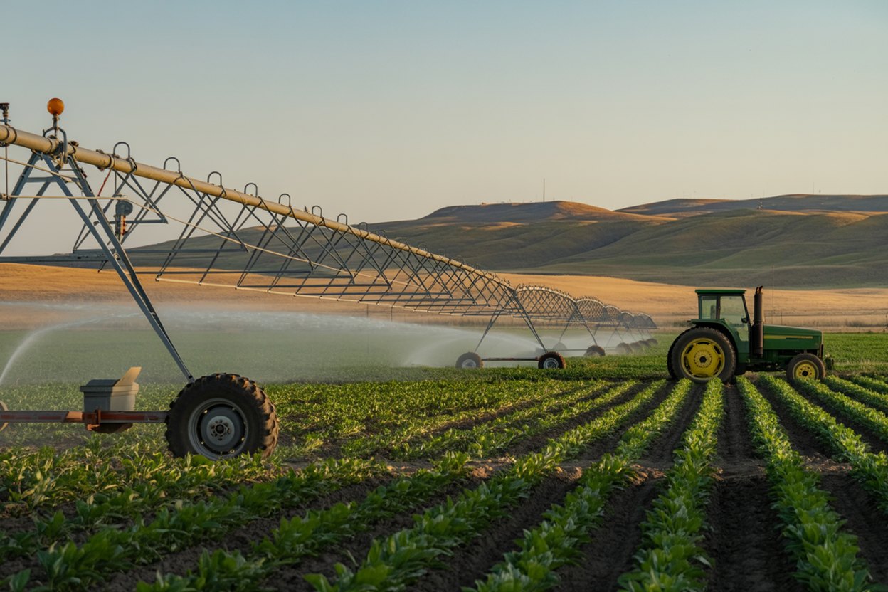 Farm equipment working a row-crop field in southwest Idaho with irrigation pivot in background